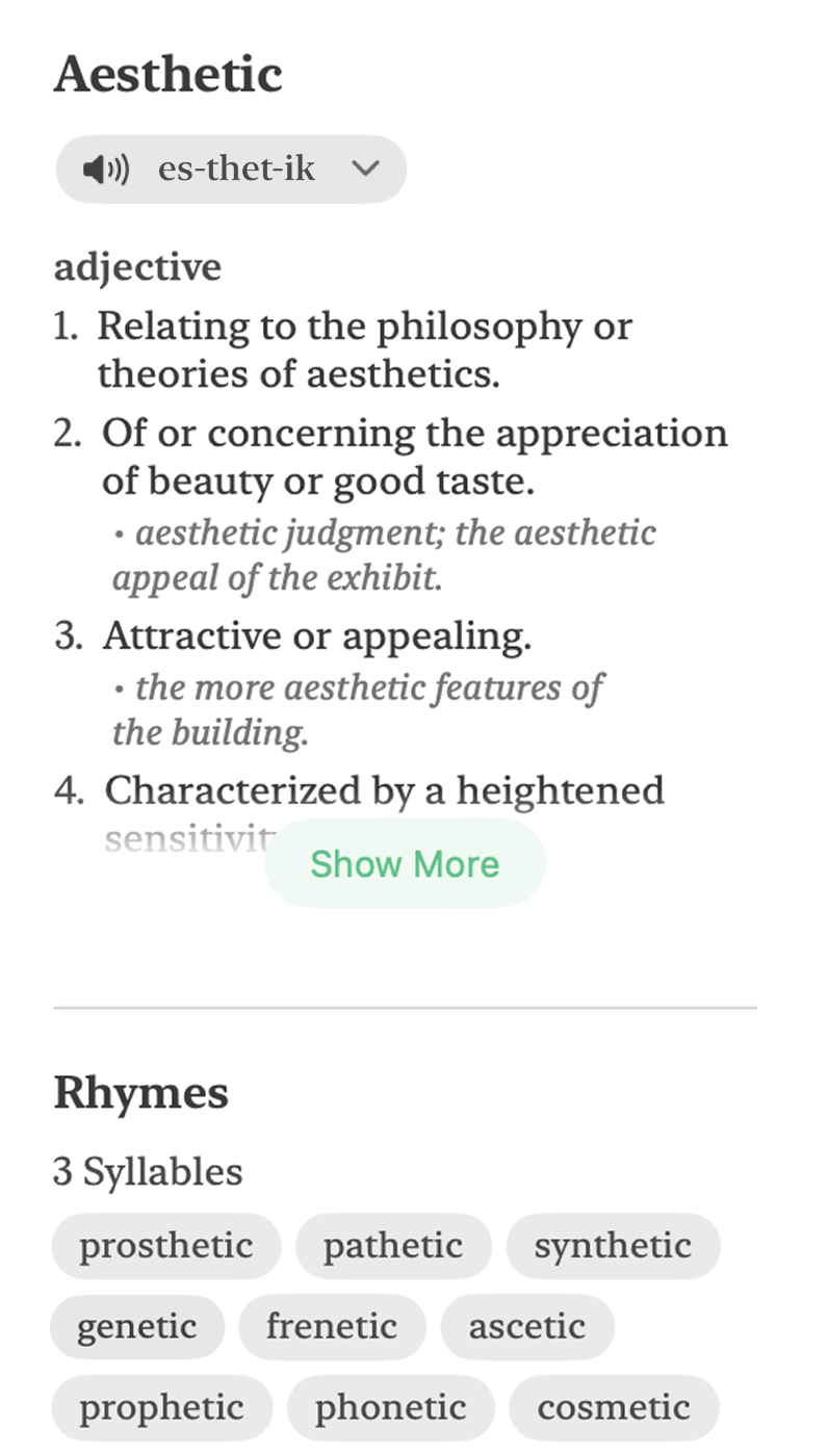 Breveto's built-in dictionary showing definitions, synonyms, and rhymes