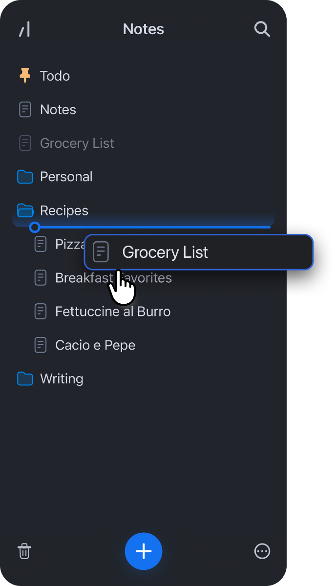 File organization in Breveto's sidebar, with folders and workspaces.