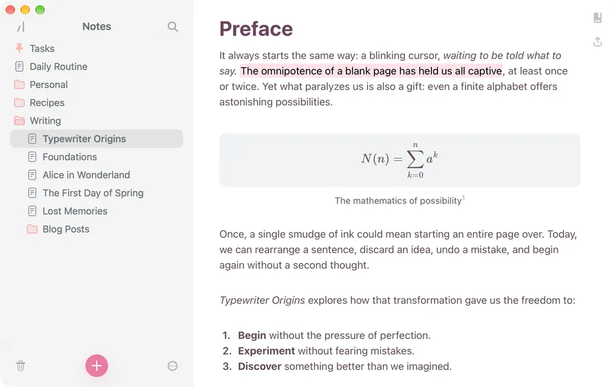 Breveto light theme with a pale sidebar, plum headings, and a pink highlight