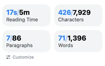 Reading time, characters, paragraphs, and word count for a text selection in Breveto