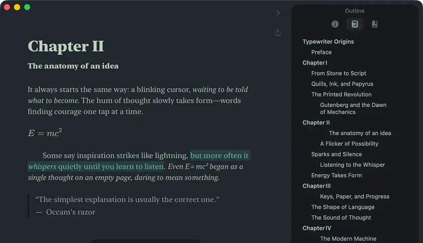 Breveto writing app on Mac with a distraction-free editor and organized sidebar