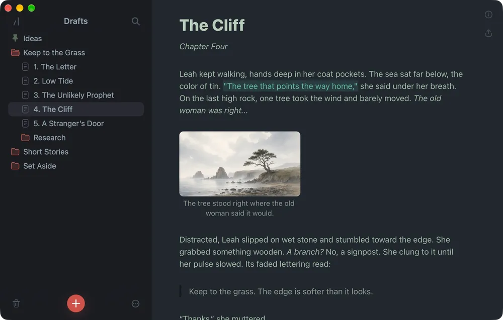 Breveto writing app on Mac with a distraction-free editor and organized sidebar