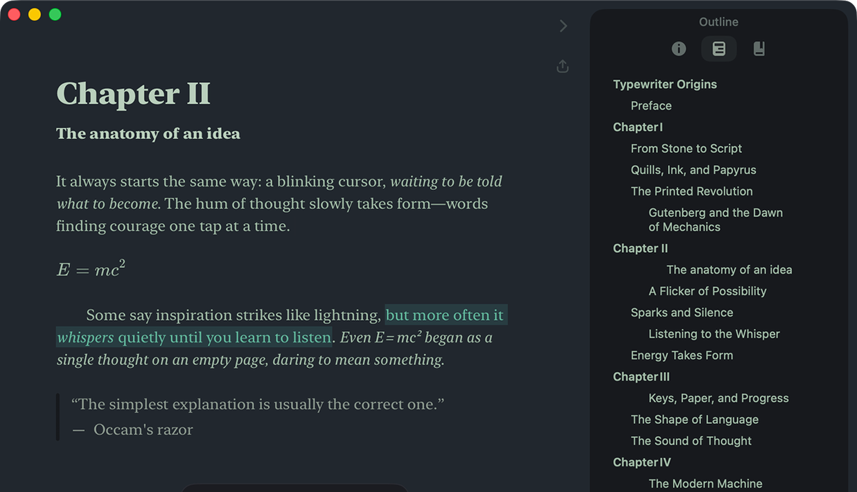 Breveto writing app on Mac with a distraction-free editor and organized sidebar