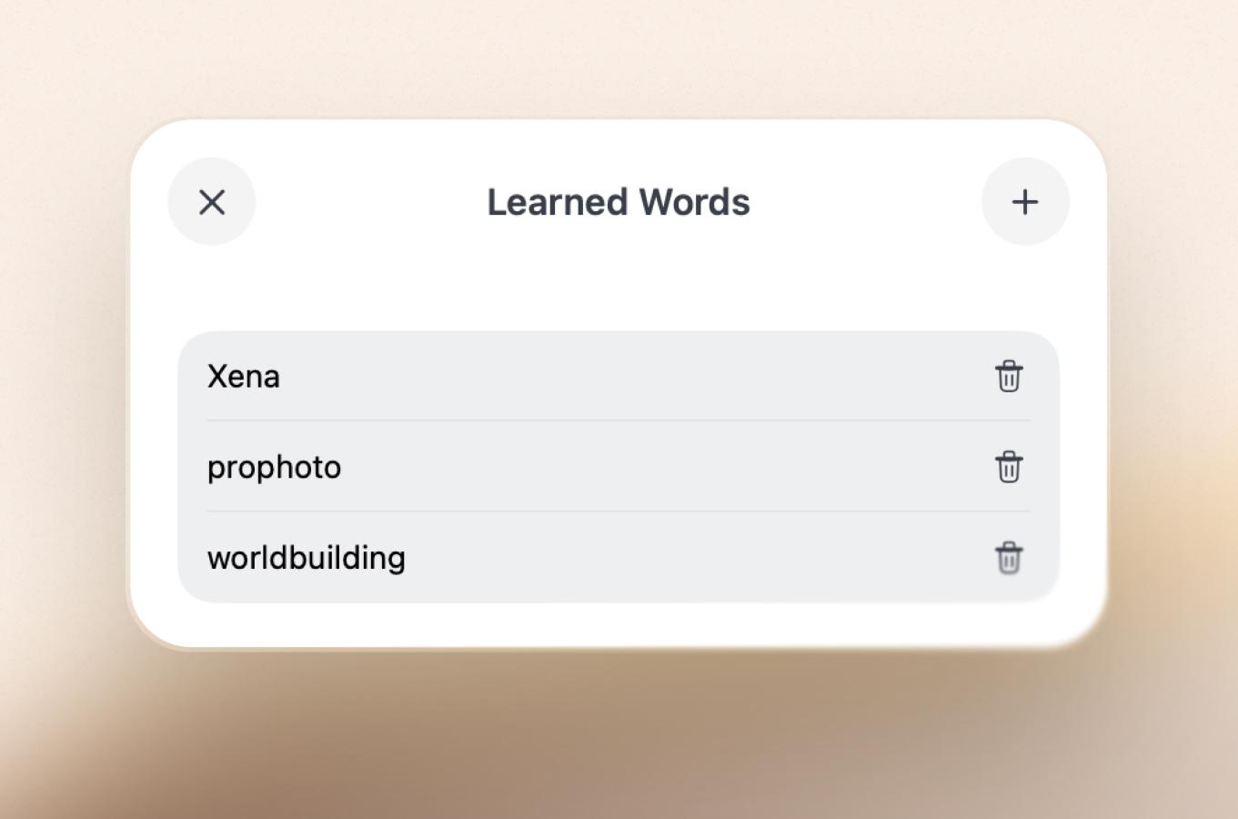 New manage learned words page in Breveto’s settings.
