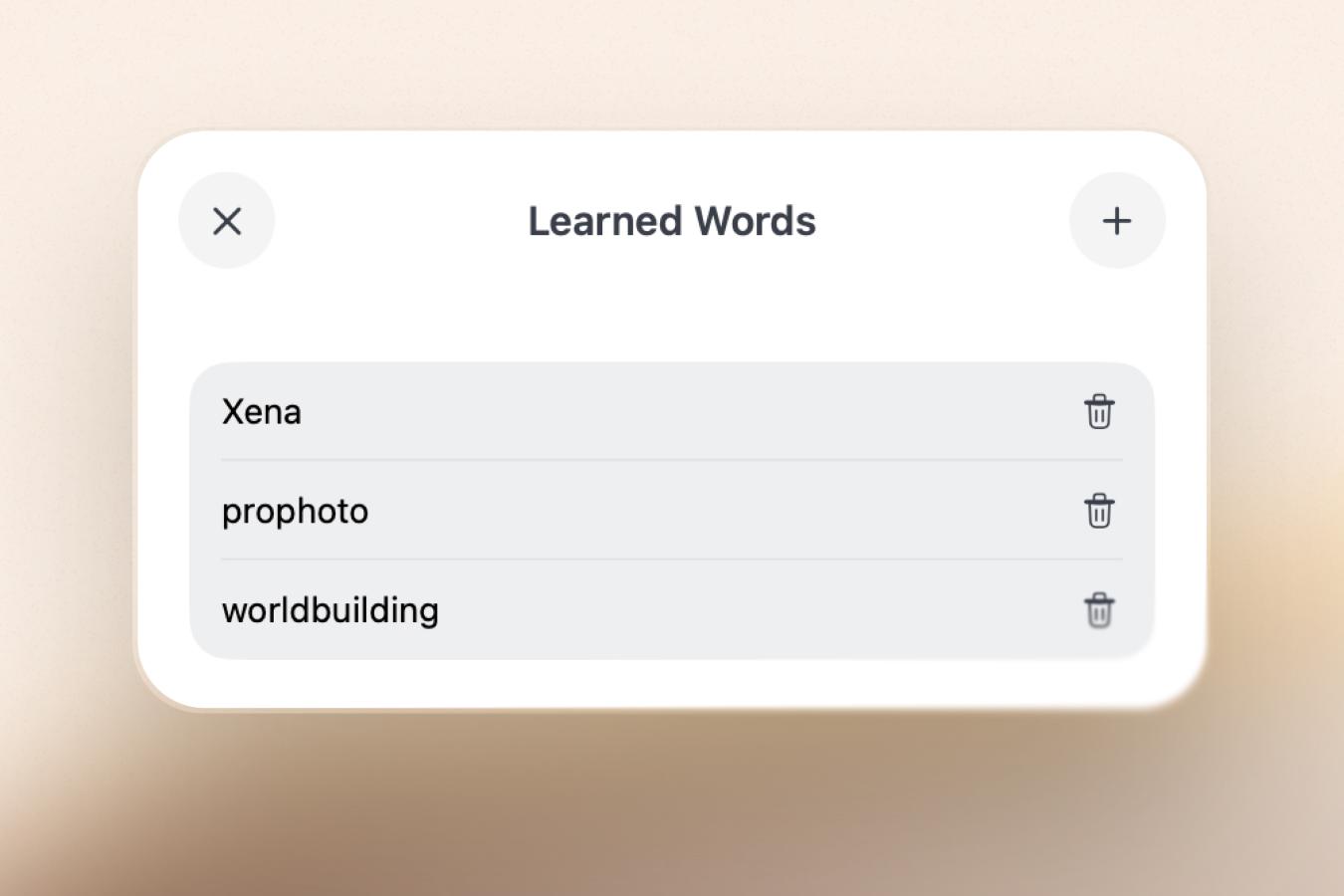 New manage learned words page in Breveto’s settings.