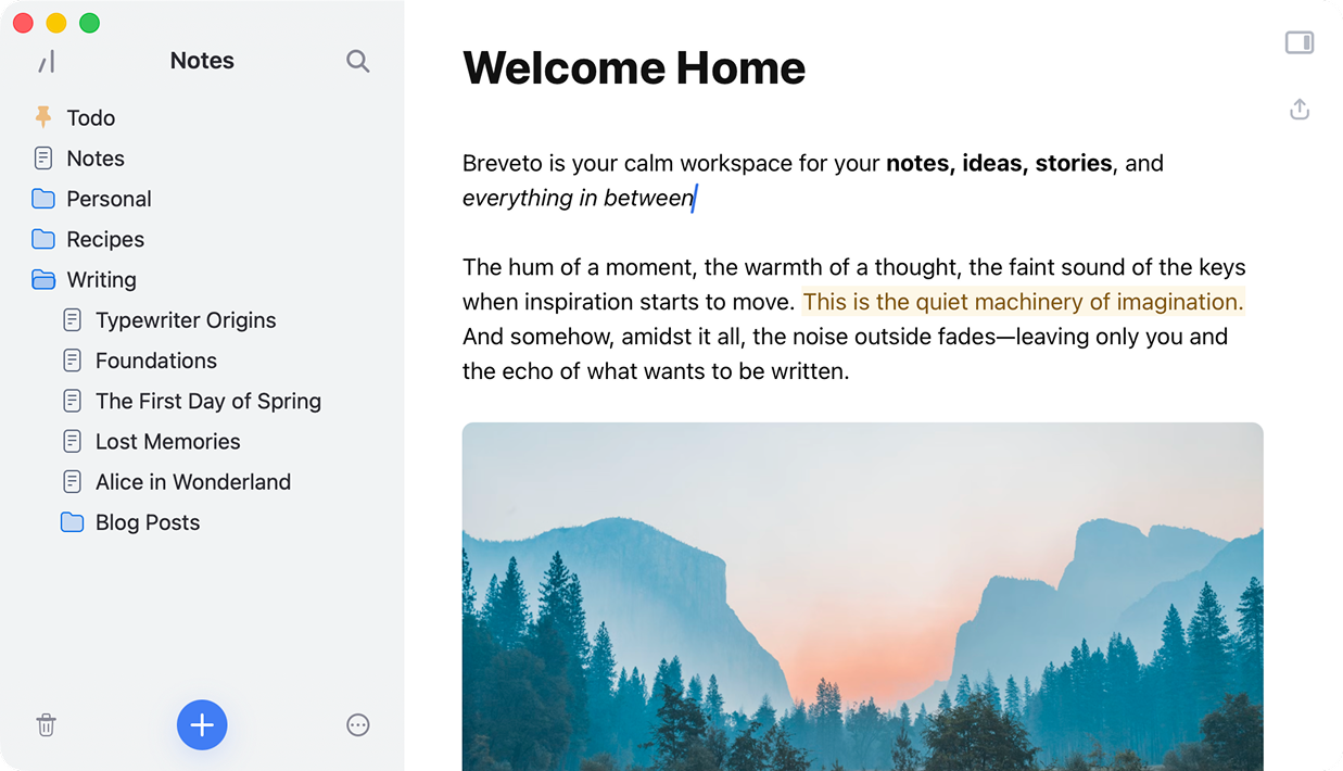Breveto writing app interface on Mac with distraction-free editor