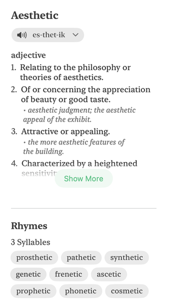 Breveto's built-in dictionary showing definitions, synonyms, and rhymes