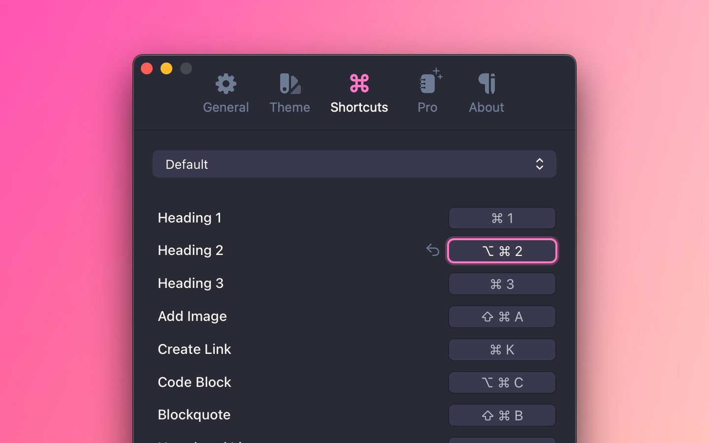 Breveto's shortcut settings