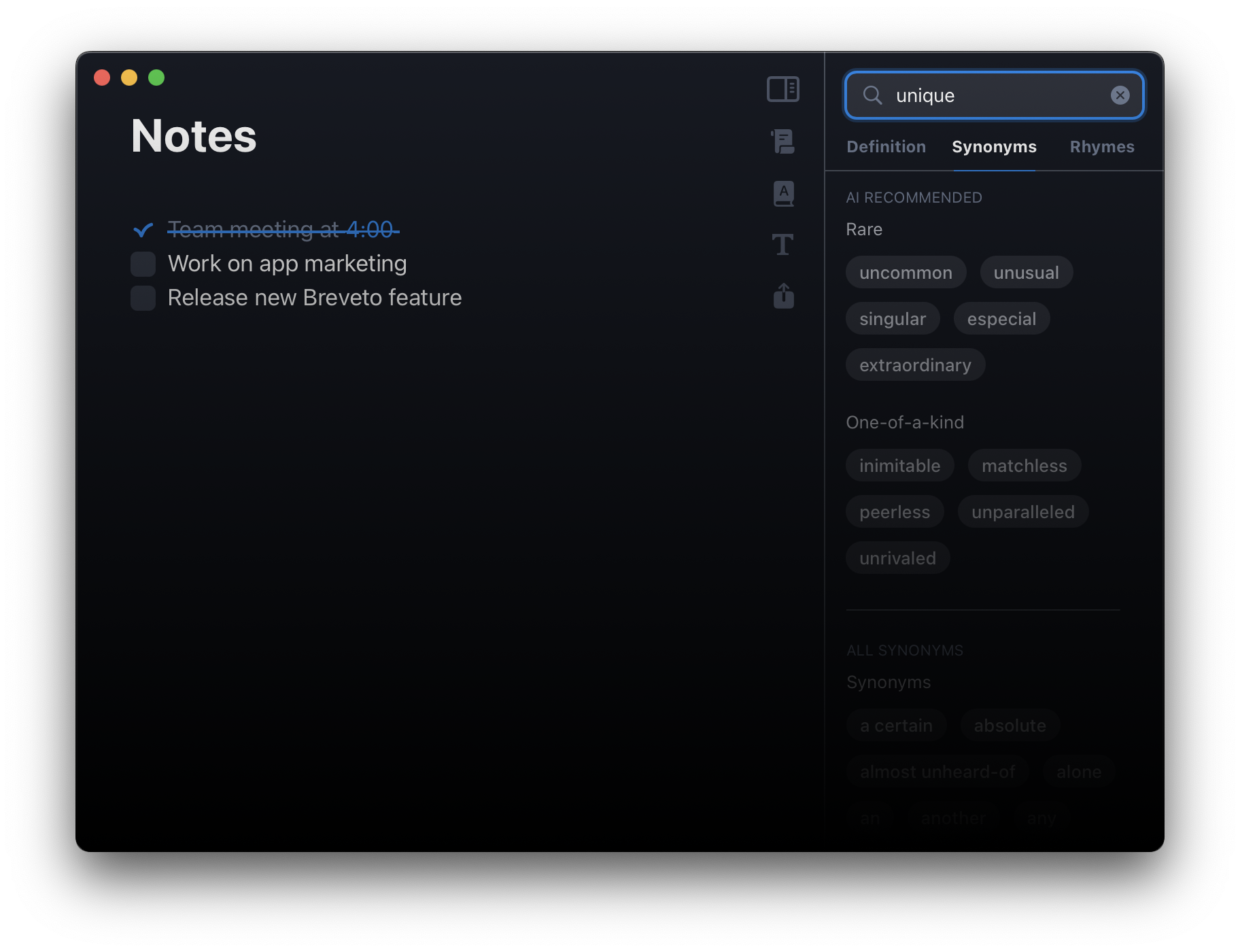 Breveto's dictionary searching for synonyms.